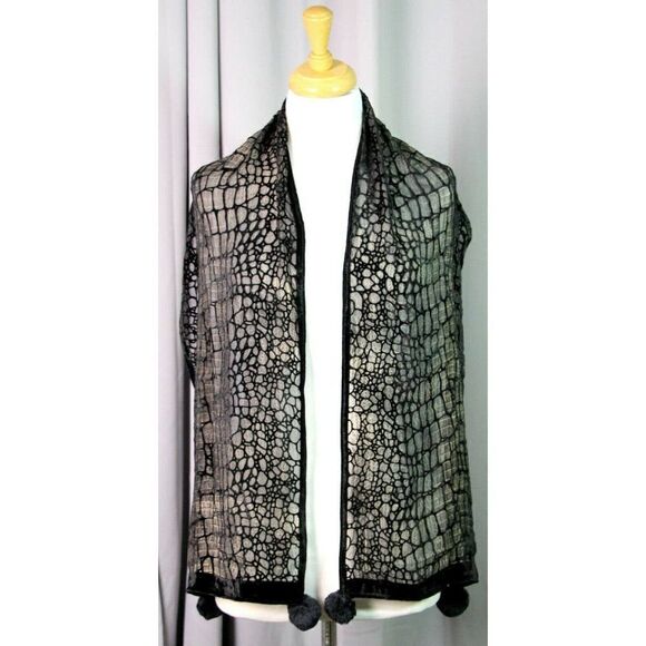 Sz 13"x61" ITALY BLACK GRAY CHIFFON VELOUR SILK BLEND BURNOUT POM POM SCARF (F66 - Picture 6 of 9